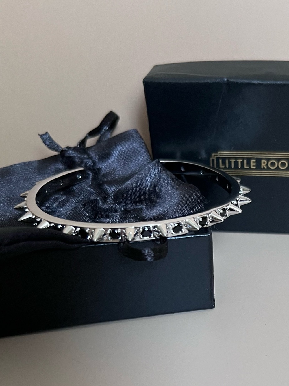 Little Rooms Silver Spiked Bangle Bracelet - Rhodium over brass with black CZ